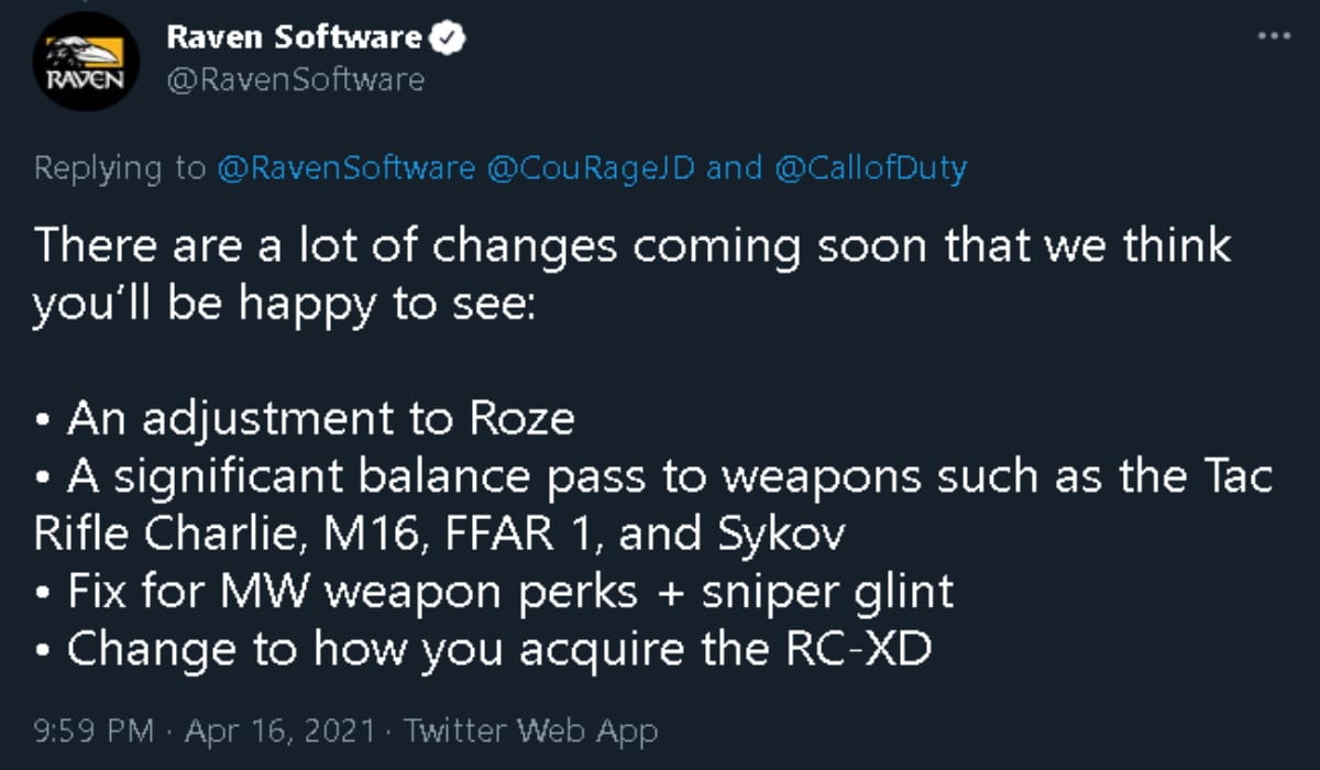 Warzone Roze skin nerf tweet source