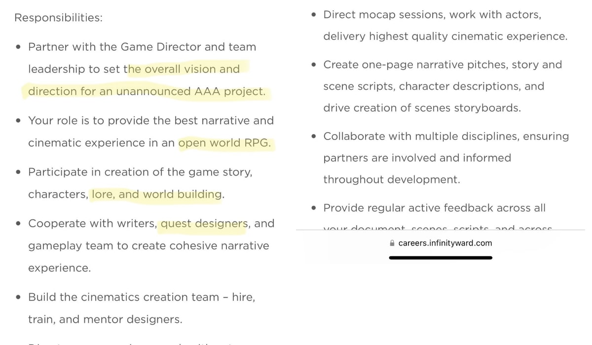 infinity ward open world rpg job listing creative director-min