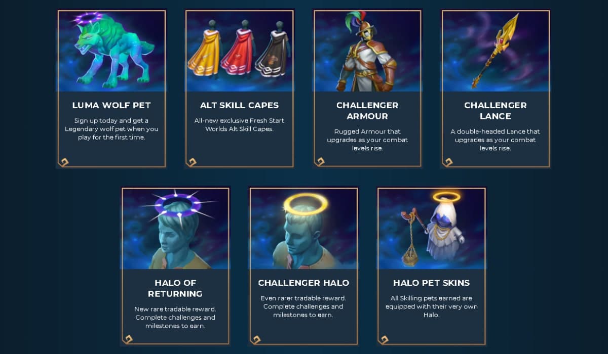 fresh start worlds runescape rewards inverted skill capes halo pets